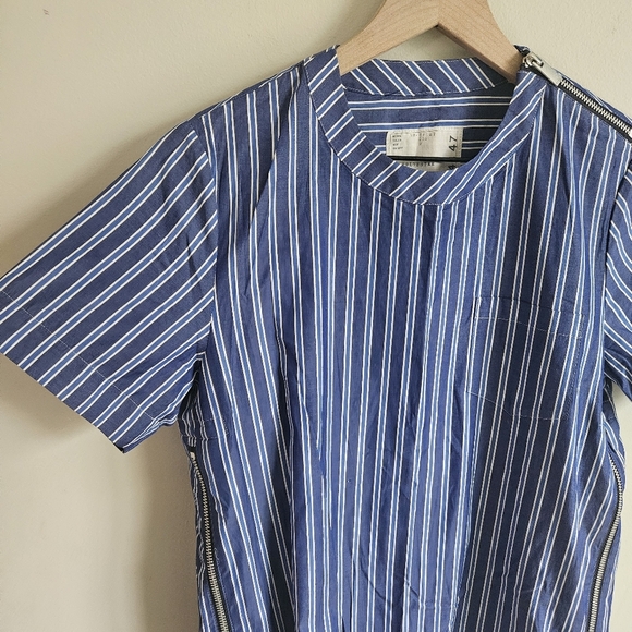 Sacai Blue Striped Cotton Pleated Detail Short Sleeve Blouse - Picture 3 of 12